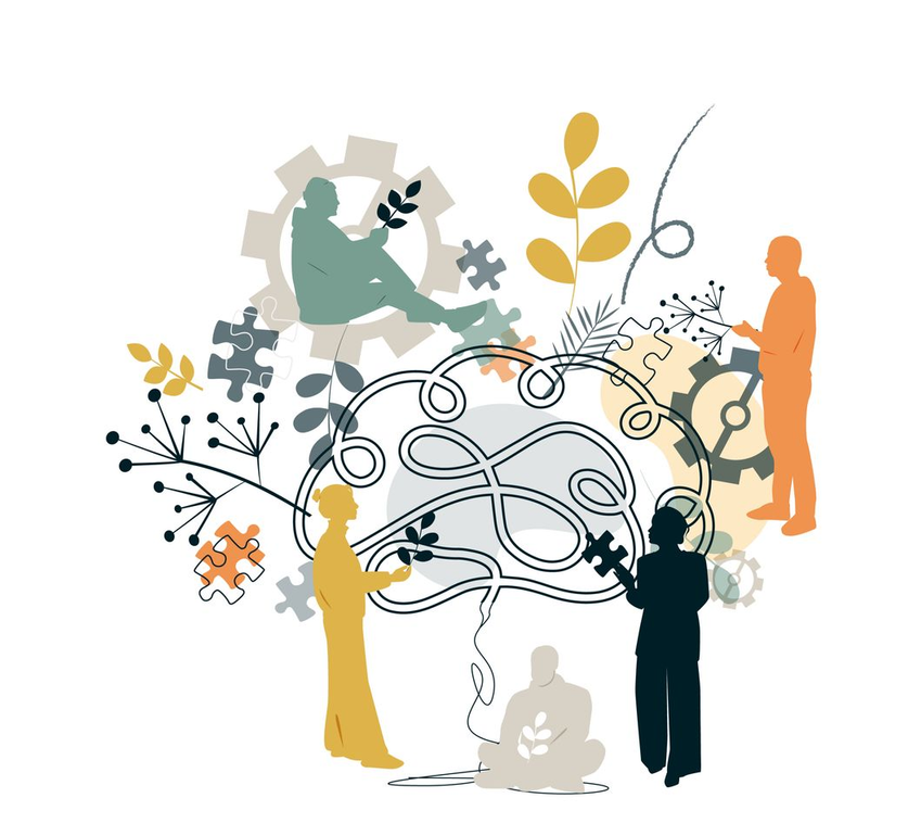 Abstract teamwork illustration with diverse figures surrounding a central brain and puzzle pieces