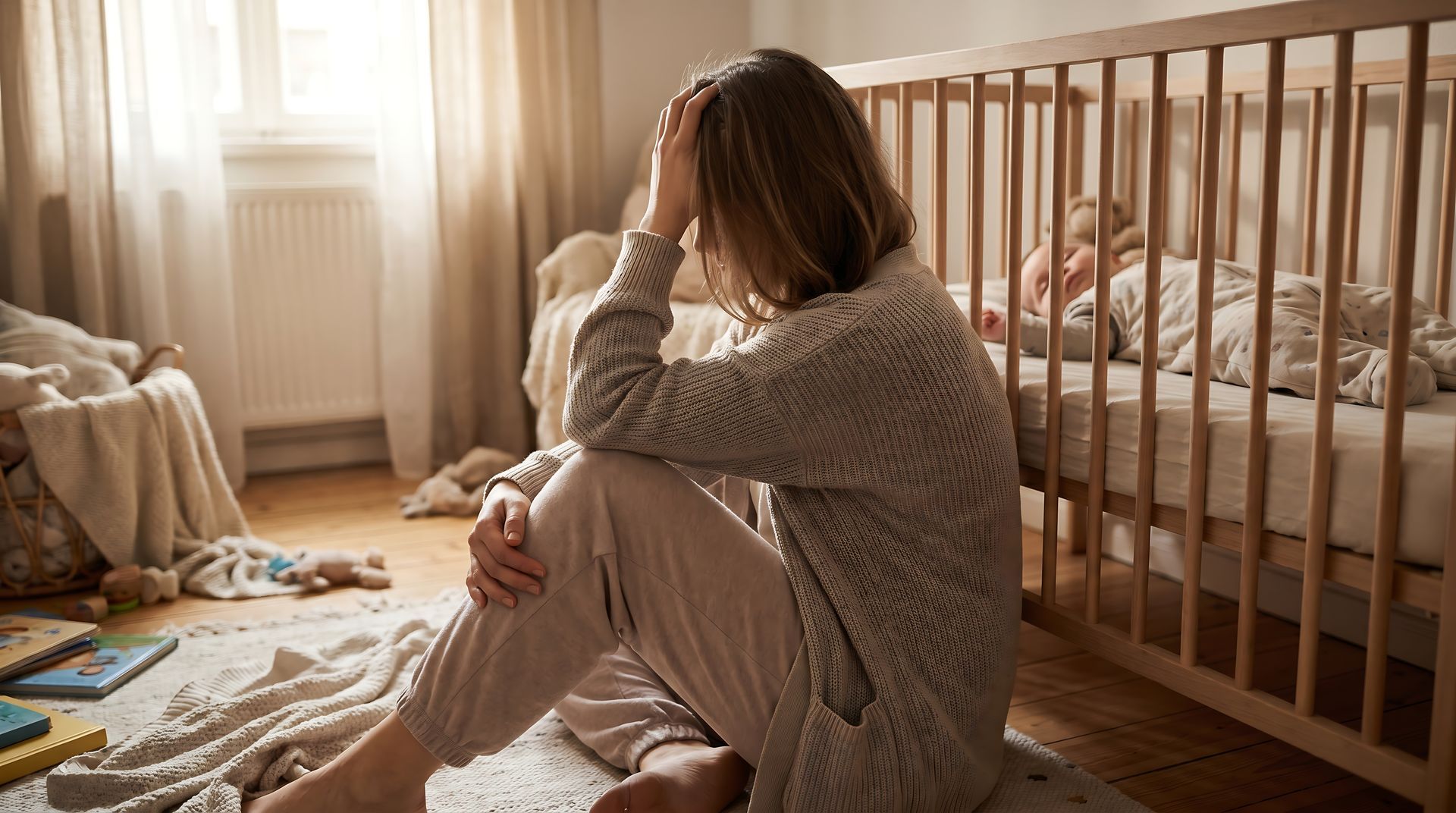 Person sitting on bedroom floor beside a crib, looking distressed in warm morning light.