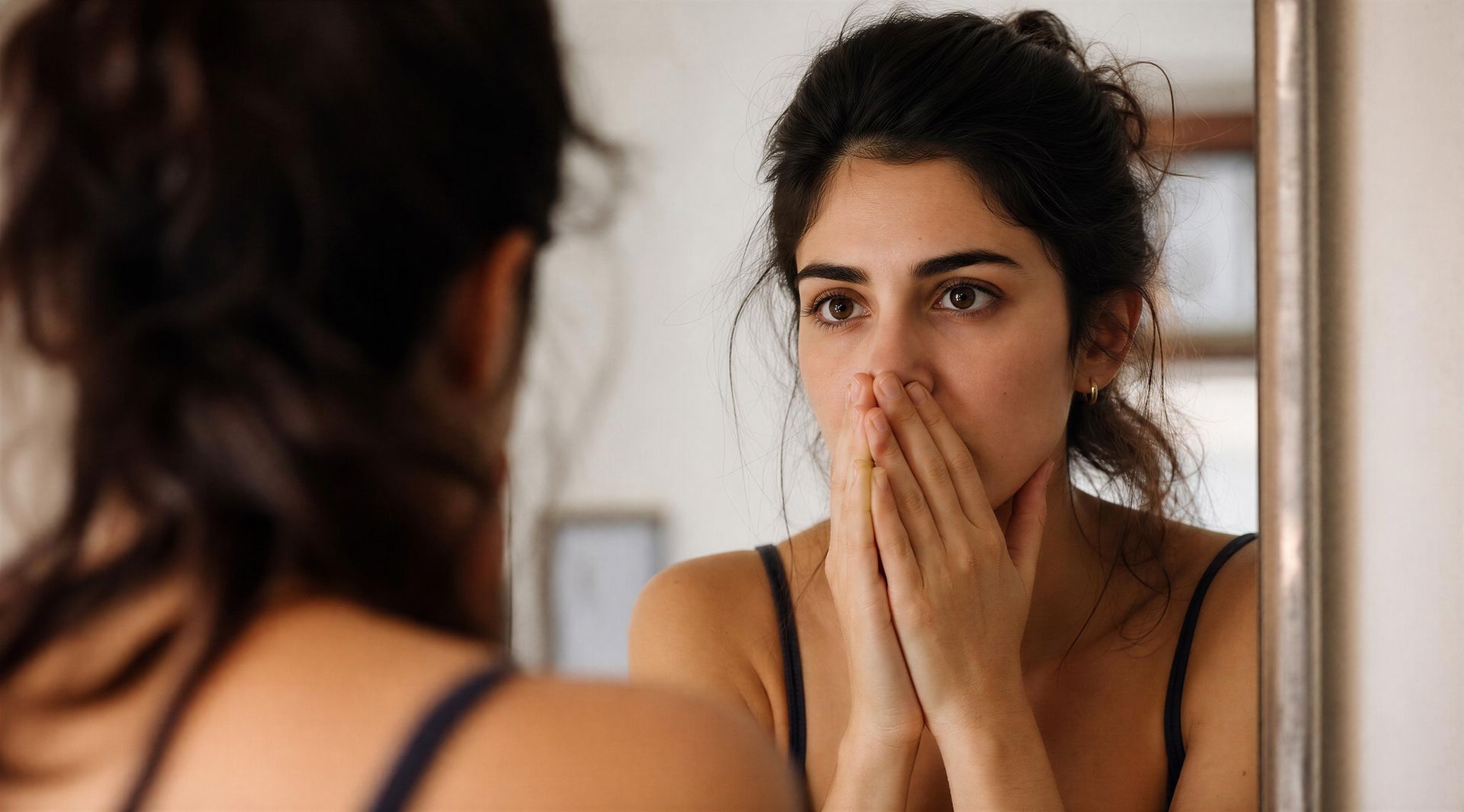 Woman looking into a mirror with hands over her mouth, appearing surprised or worried.