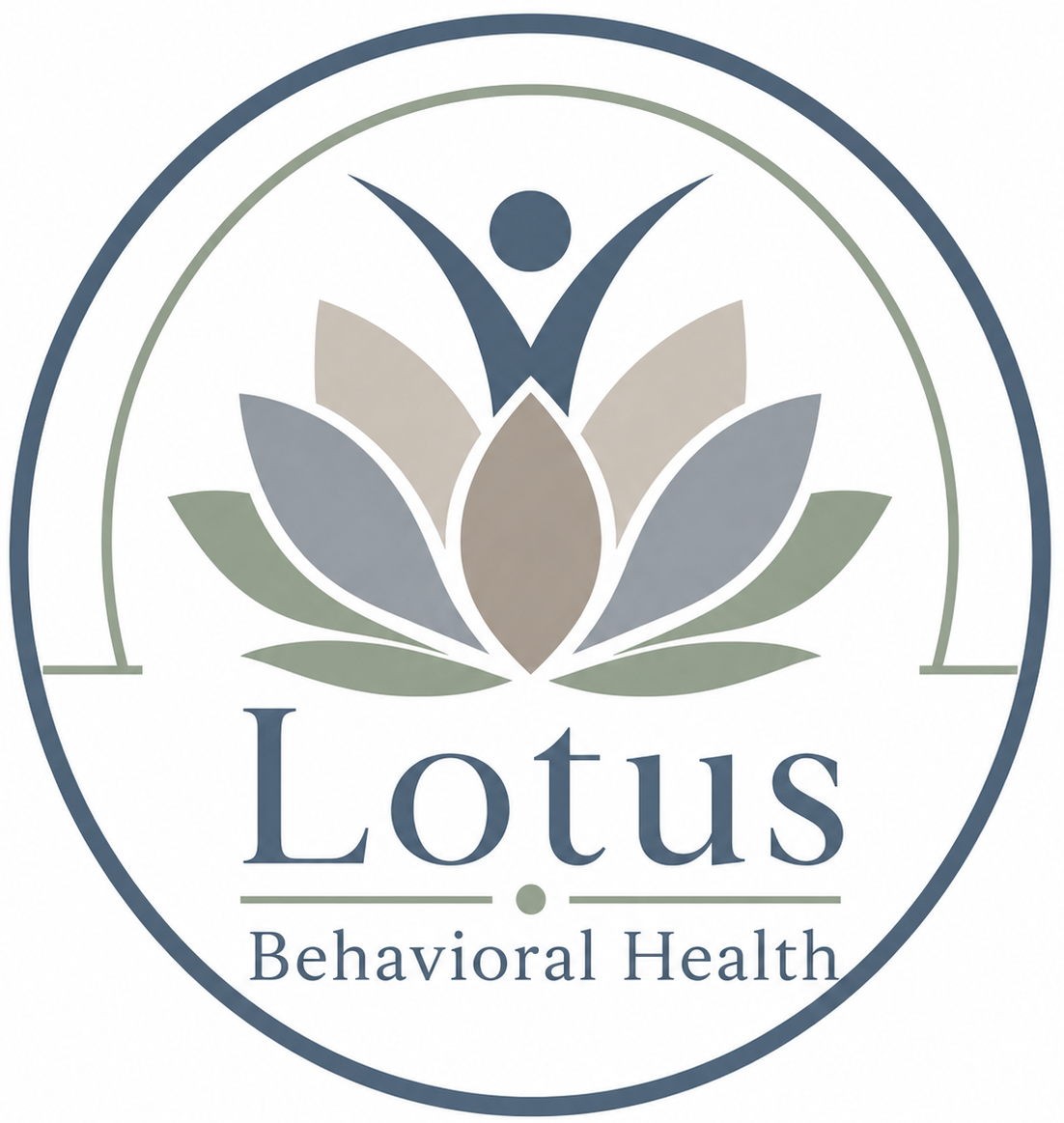 Lotus Behavioral Health logo with gray, blue, and green lotus petals and a human figure above the text