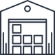 Un dessin au trait d’un entrepôt contenant des boîtes.