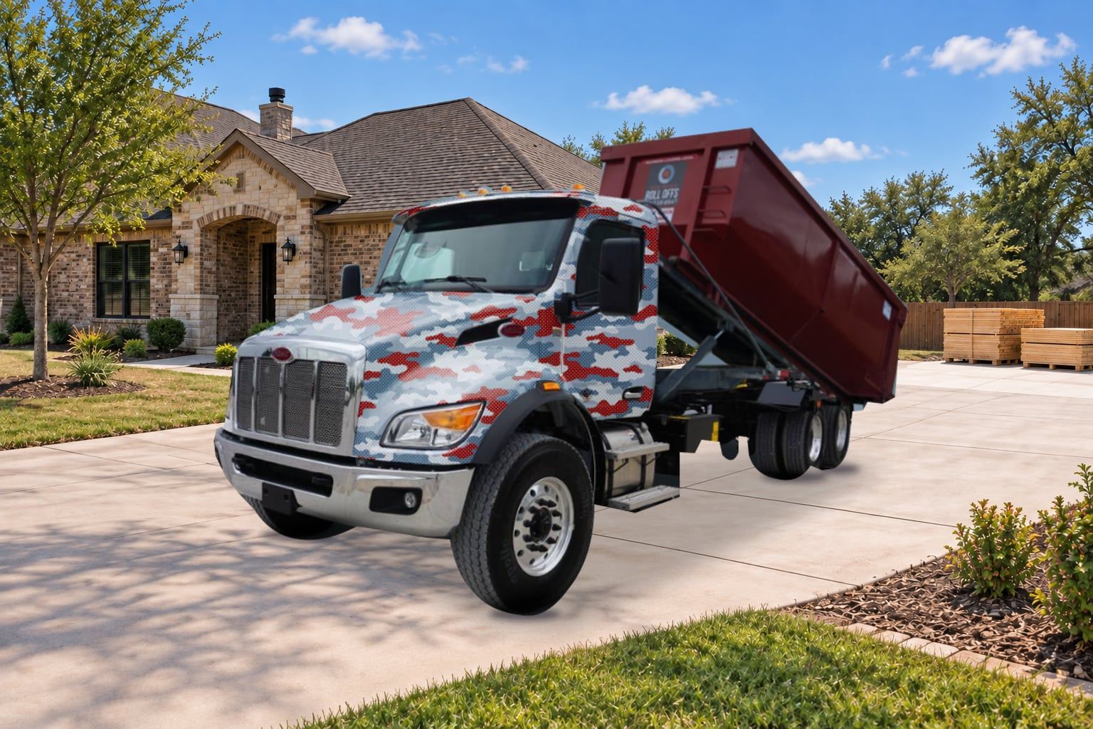 Illustration of a Red River wrapped roll-off truck beside a residential driveway