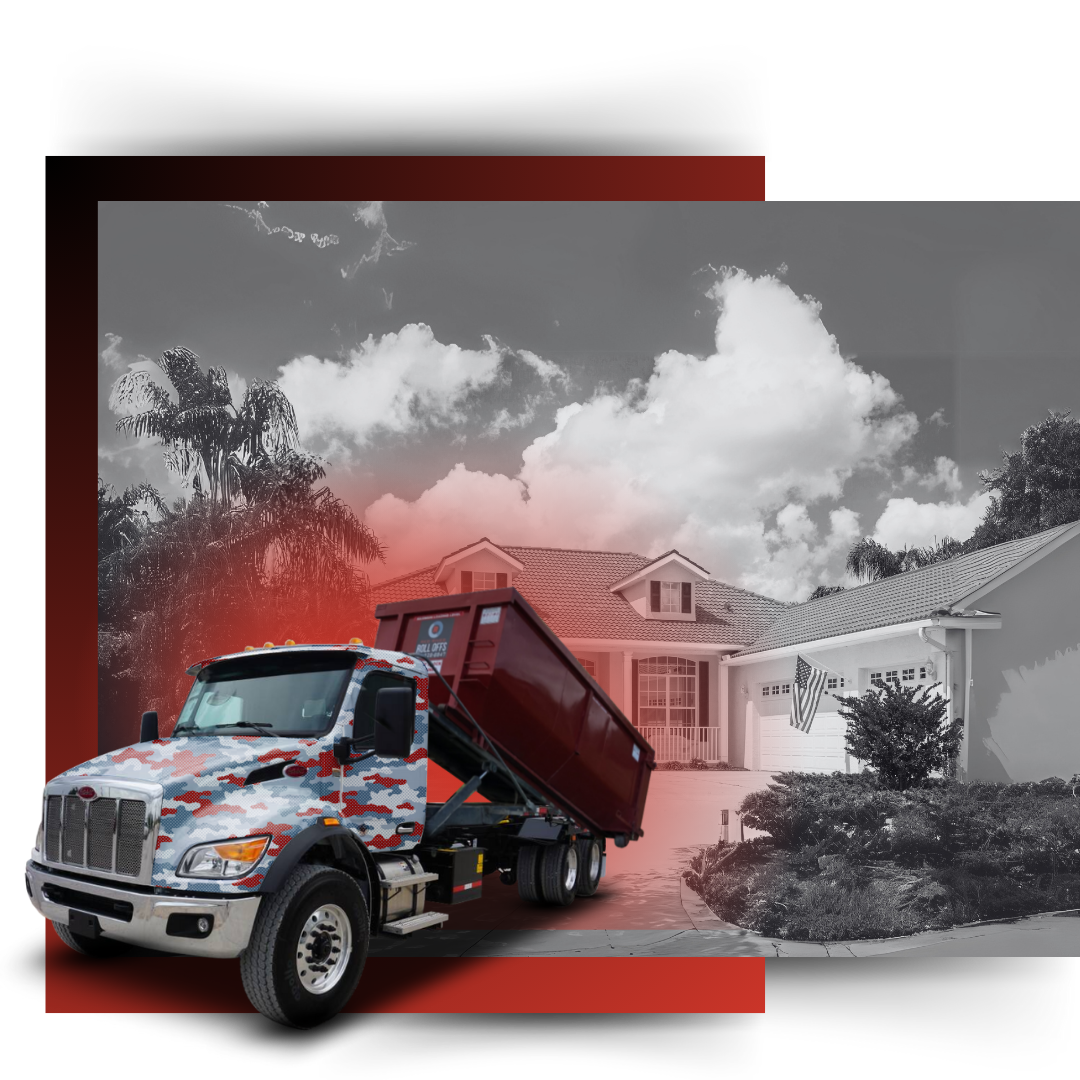 Red River dumpster truck in front of the house.