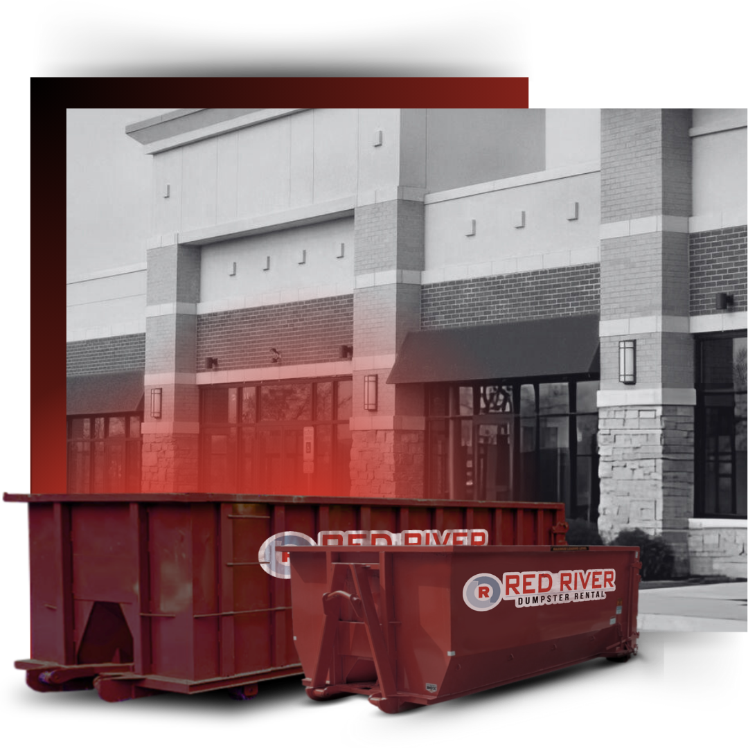 Two red rivers in front of a commercial building