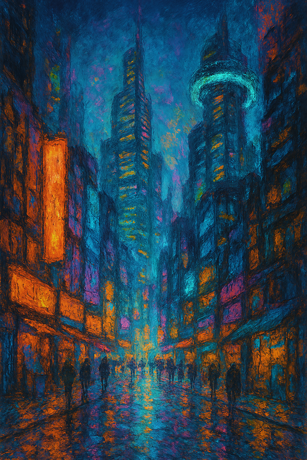 It is a painting of a city street at night.
