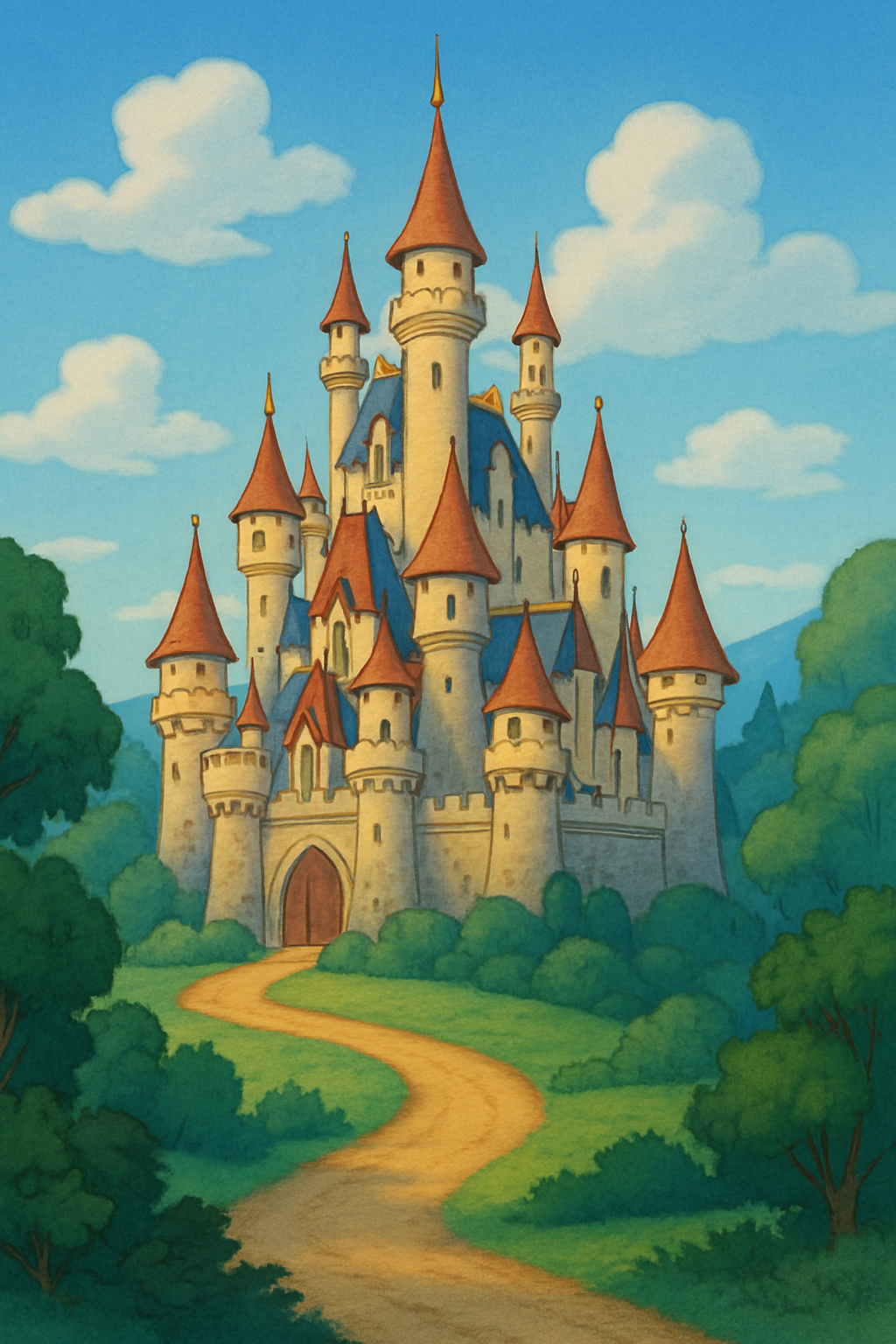 A castle with a dirt road leading to it