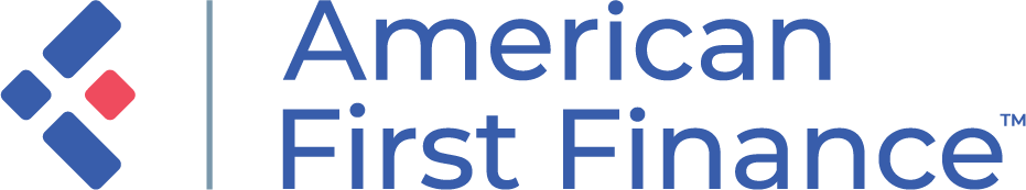 American First Finance logo.  Blue and red abstract graphic with blue text.