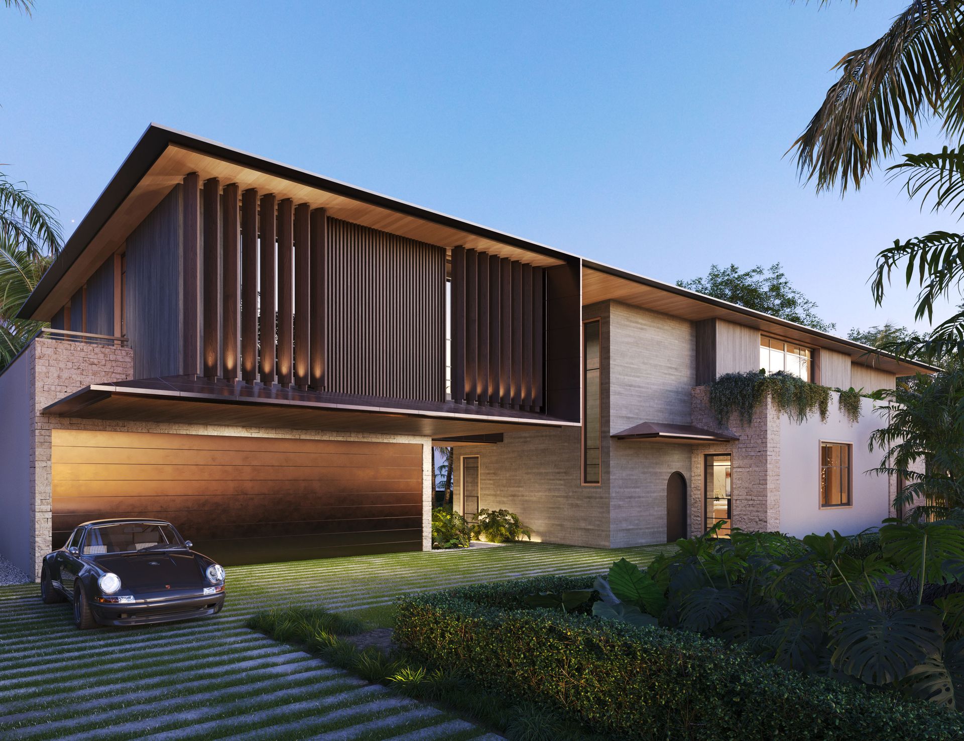 image of exterior of modern house at dusk