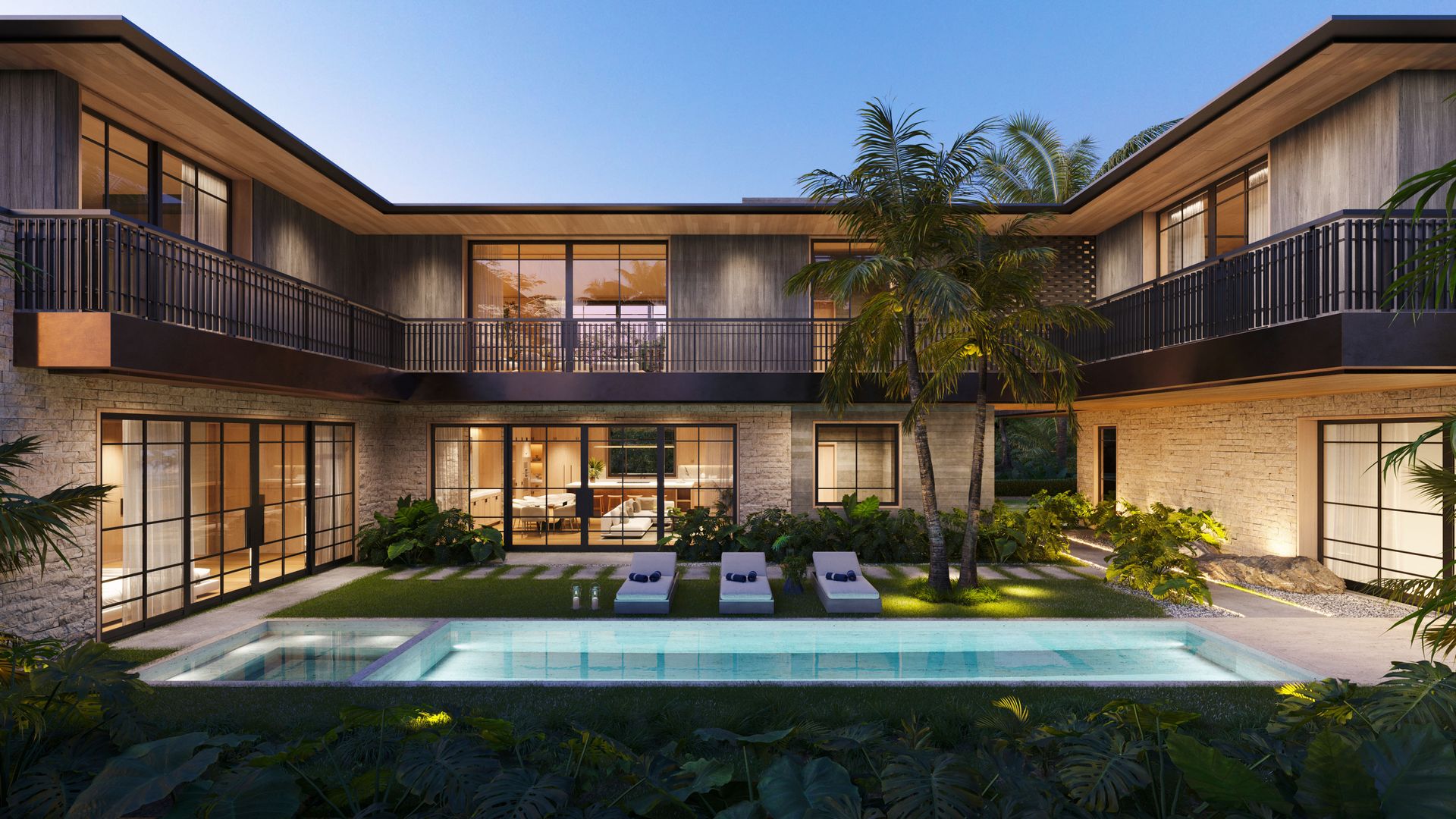 image of exterior of modern house with pool at dusk