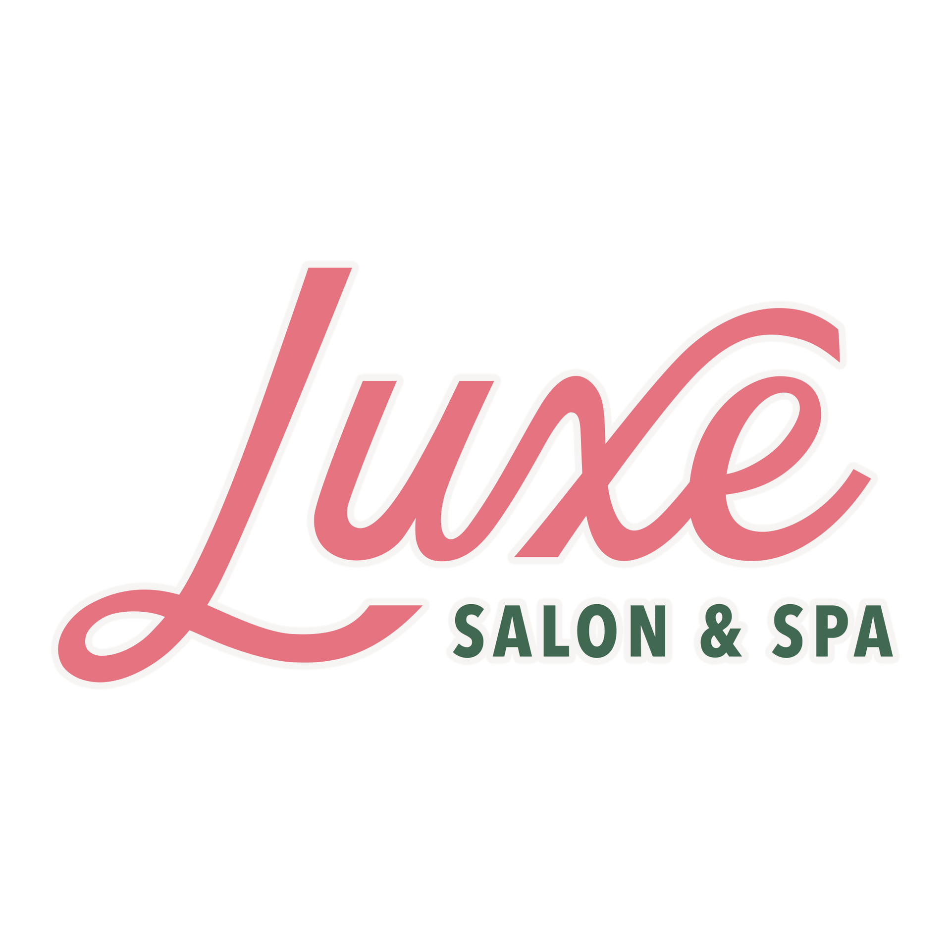 The logo for luxe salon and spa is pink and green.