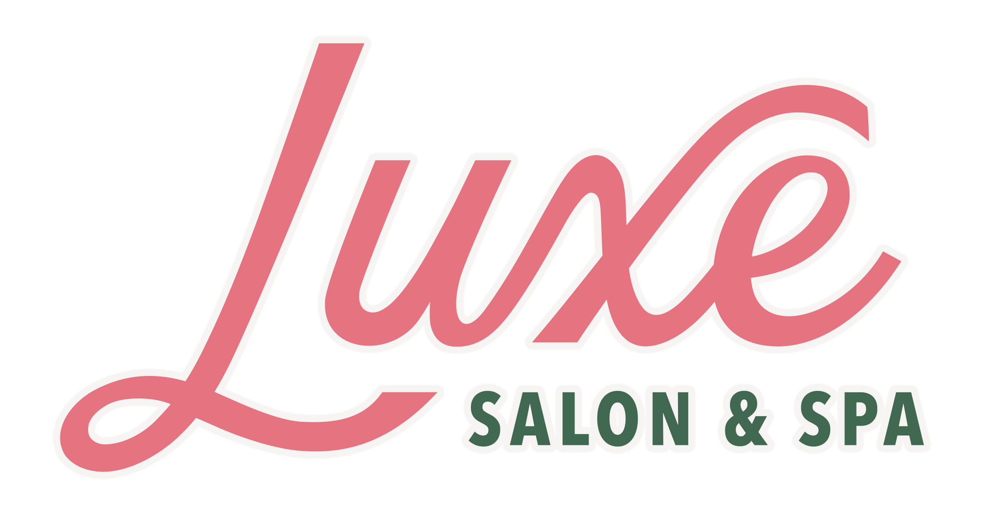 The logo for luxe salon and spa is pink and green.