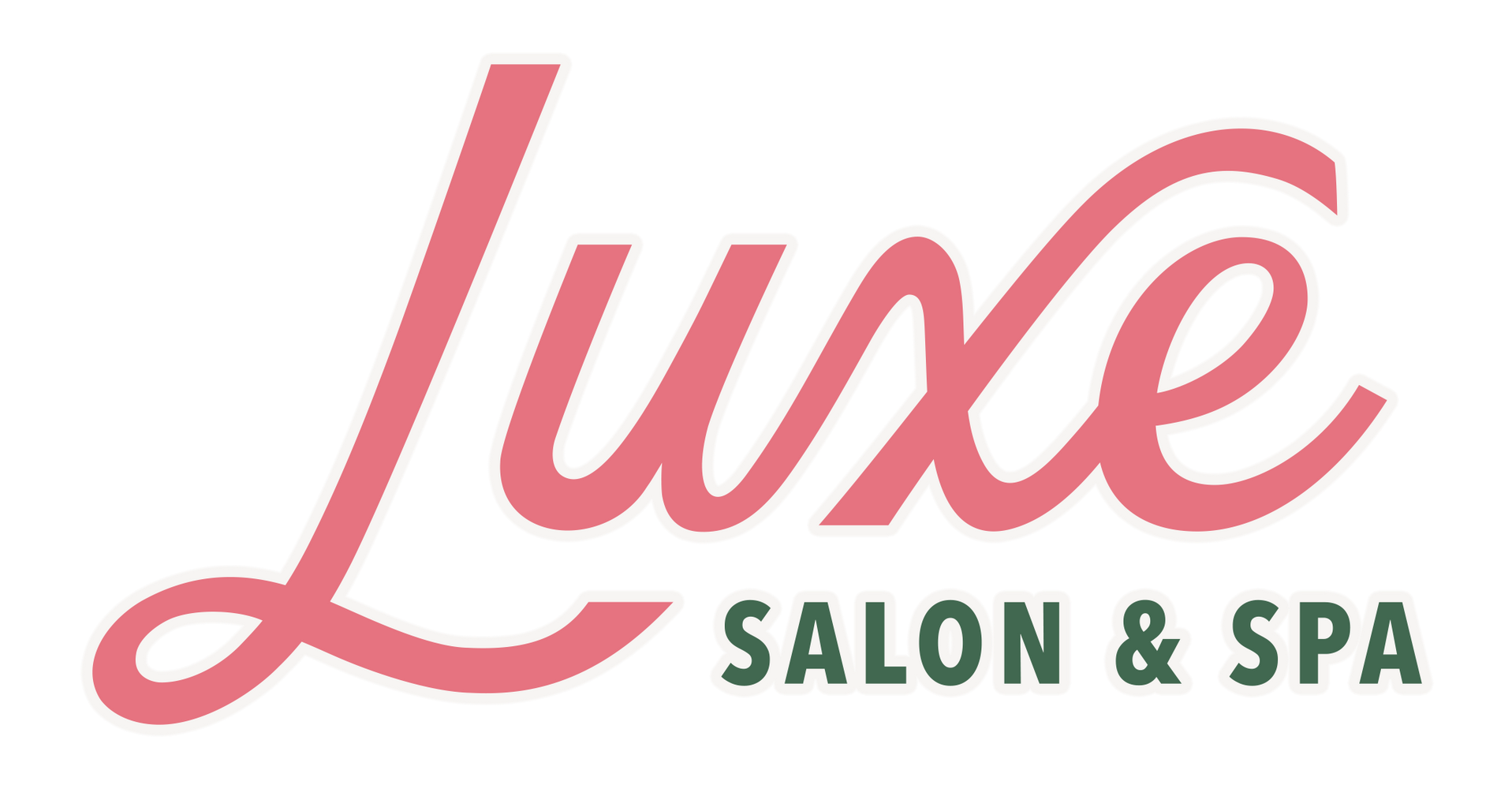 The logo for luxe salon and spa is pink and green.