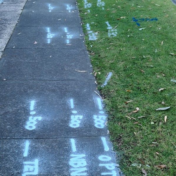 A Sidewalk With Numbers Painted on It and Grass on the Side — Dowds Pipe and Cable Locating in Bondi, NSW