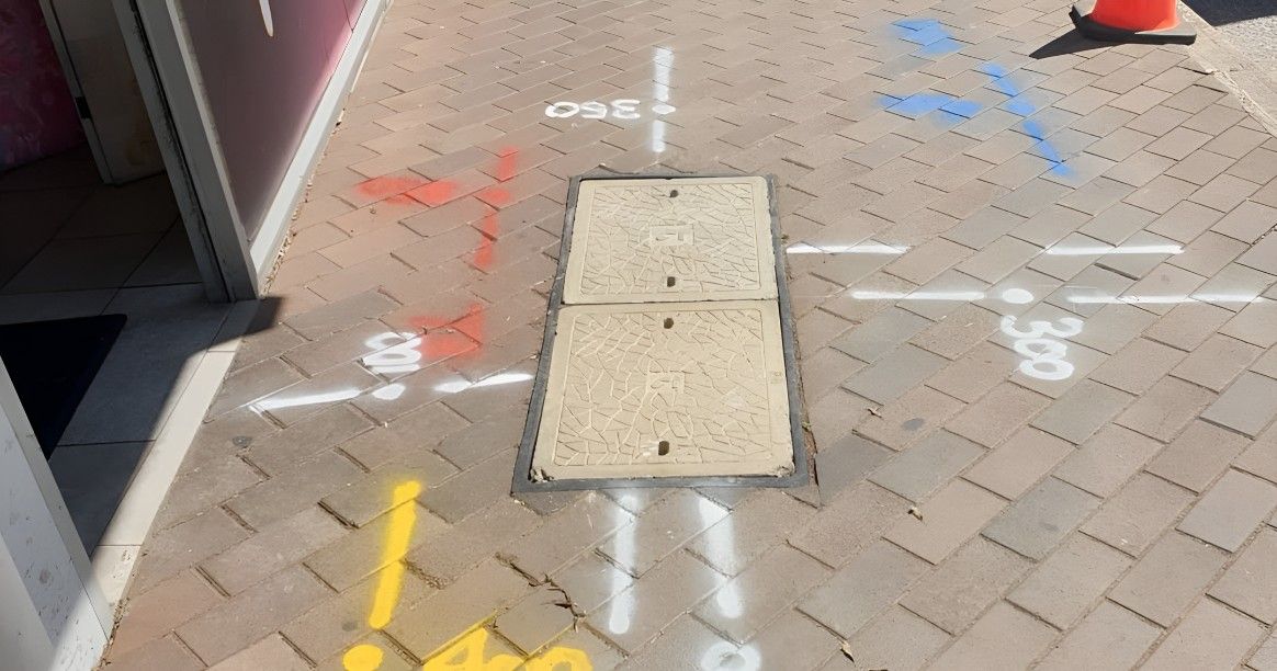 A Manhole Cover is Sitting on a Brick Sidewalk Next to a Building — Dowds Pipe and Cable Locating in Vincentia, NSW