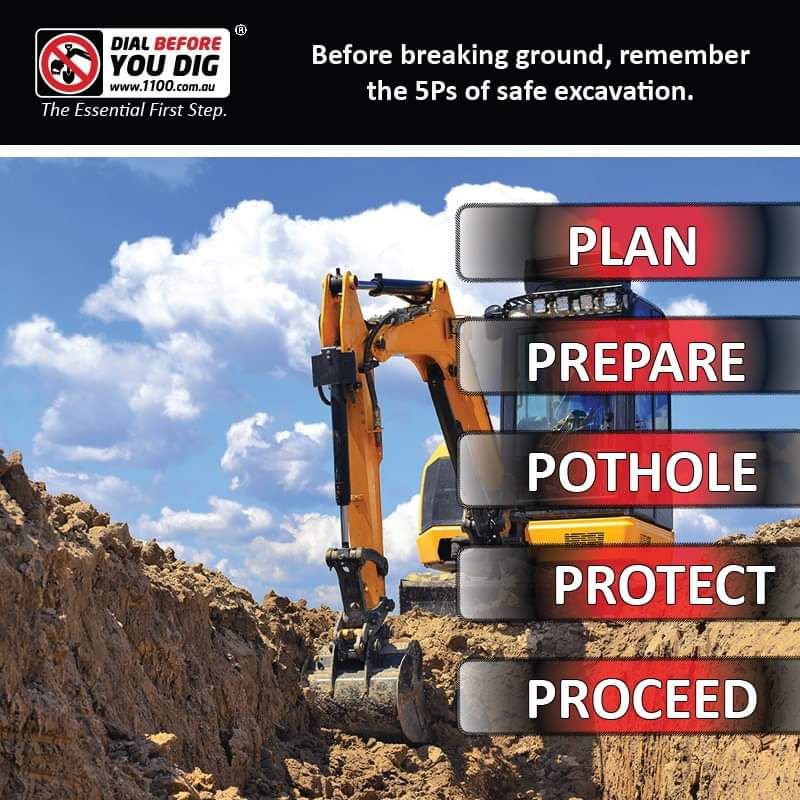 Before you dig branding over an image of an excavator with the words plan prepare pothole protect proceed — Dowds Pipe and Cable Locating in Farmborough Heights, NSW