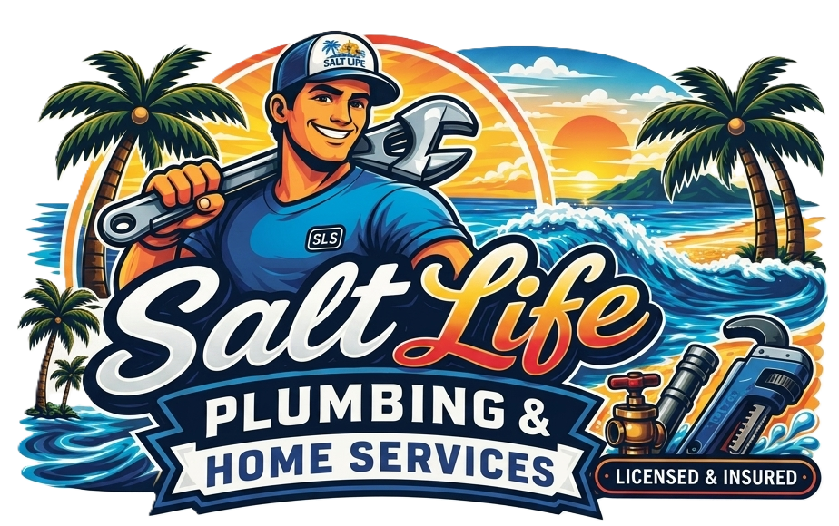 Salt Life Plumbing & Home Services logo with smiling plumber, tools, palm trees, ocean, and sunset