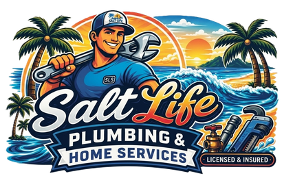 Salt Life Plumbing & Home Services logo with smiling plumber, tools, palm trees, ocean, and sunset