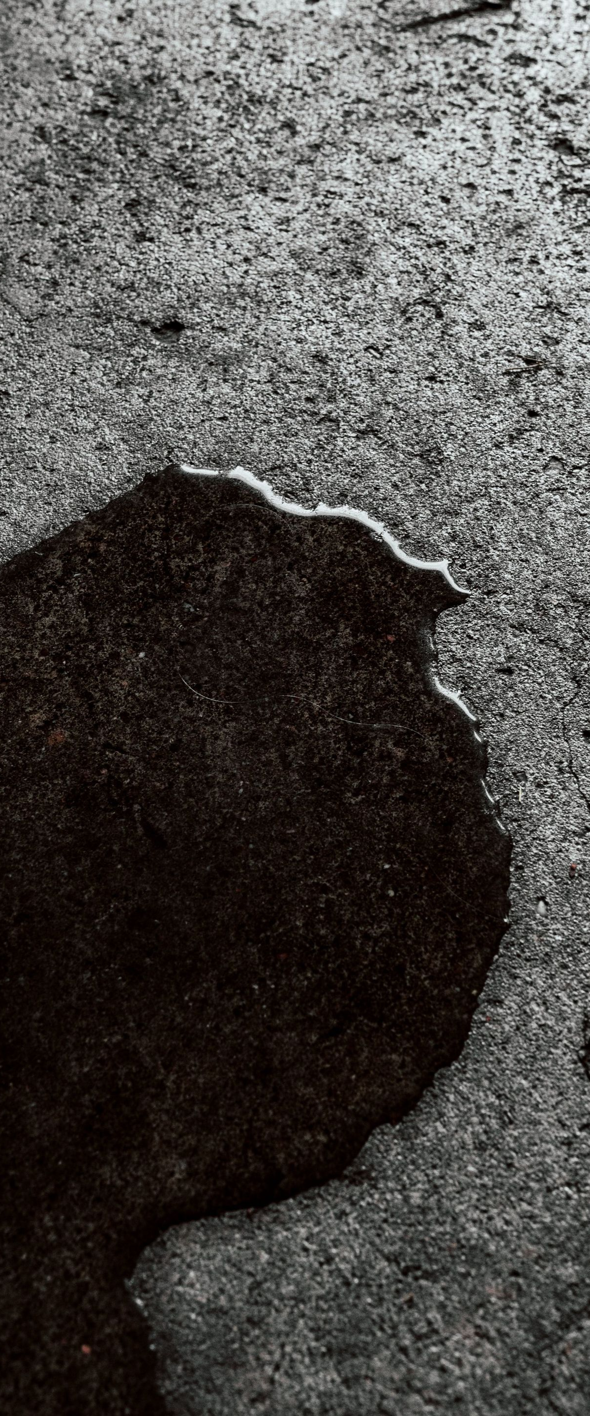 Dark irregular puddle or stain on rough gray concrete surface.