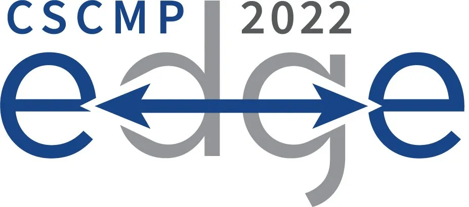 A logo for cscmp 2022 edge with two arrows pointing in opposite directions.