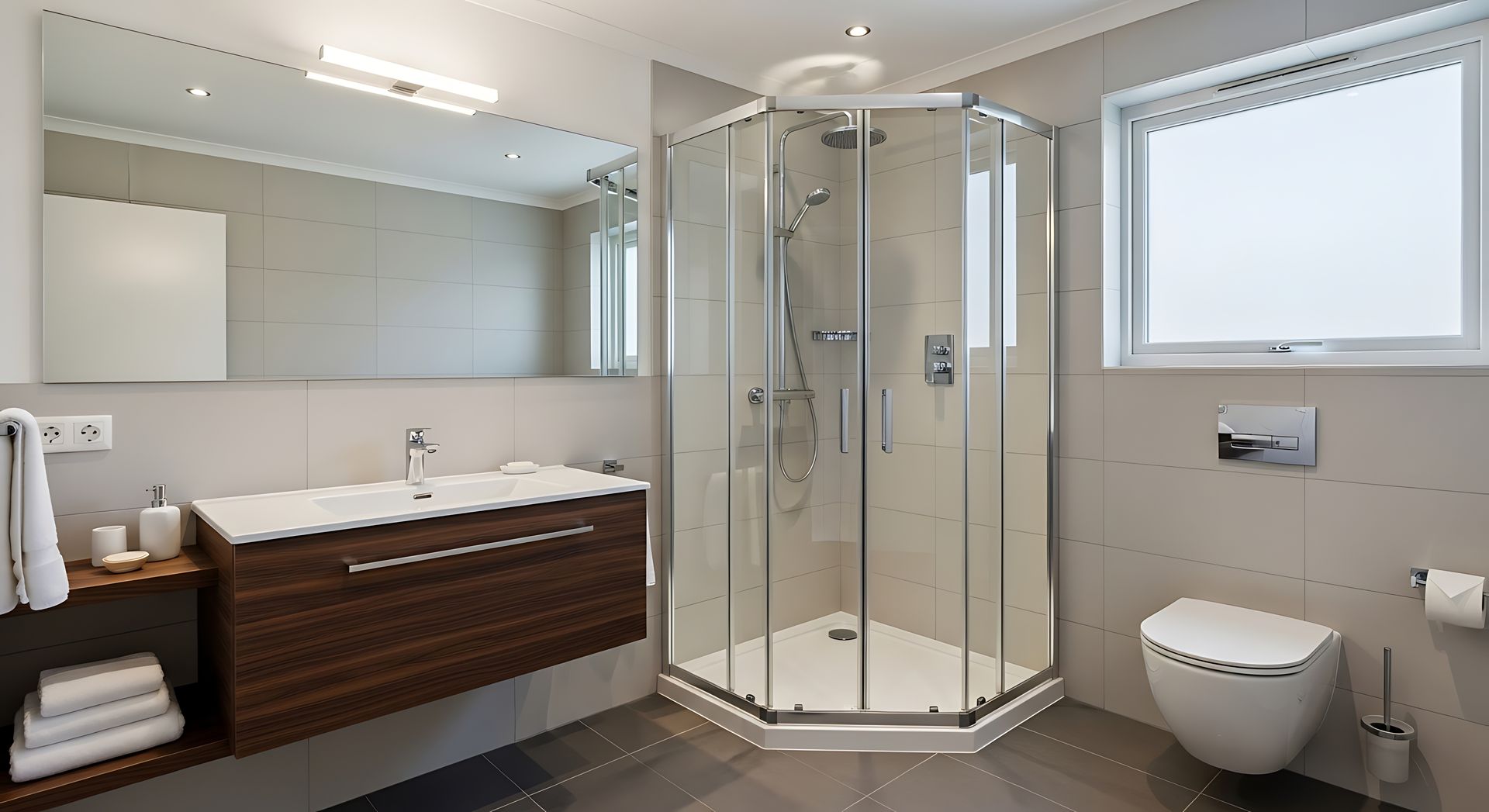 Modern bathroom with a clear glass shower door and herringbone tile walls. 