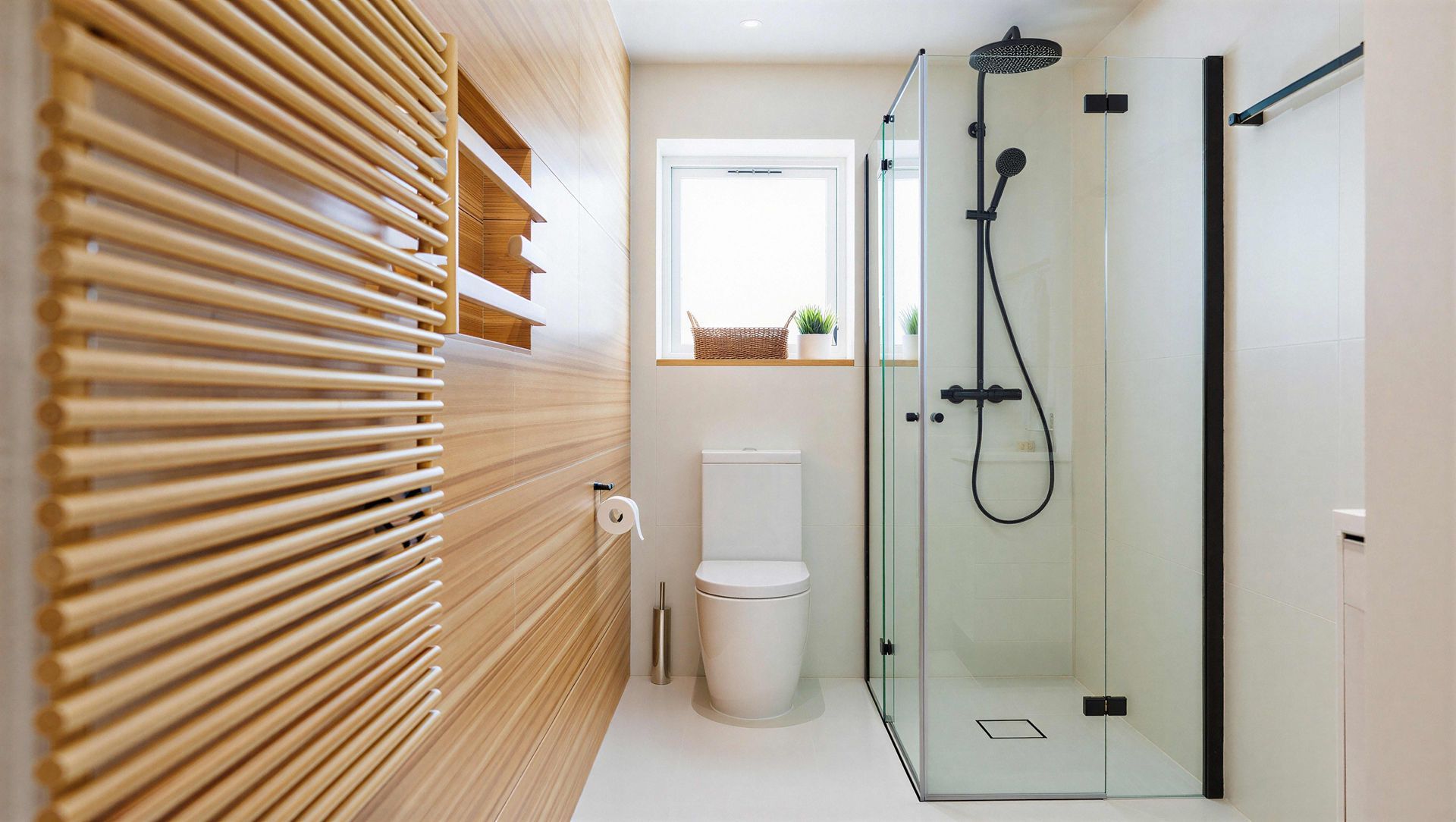 Modern bathroom with wooden accent wall and glass shower enclosure bathroom interior minimalist