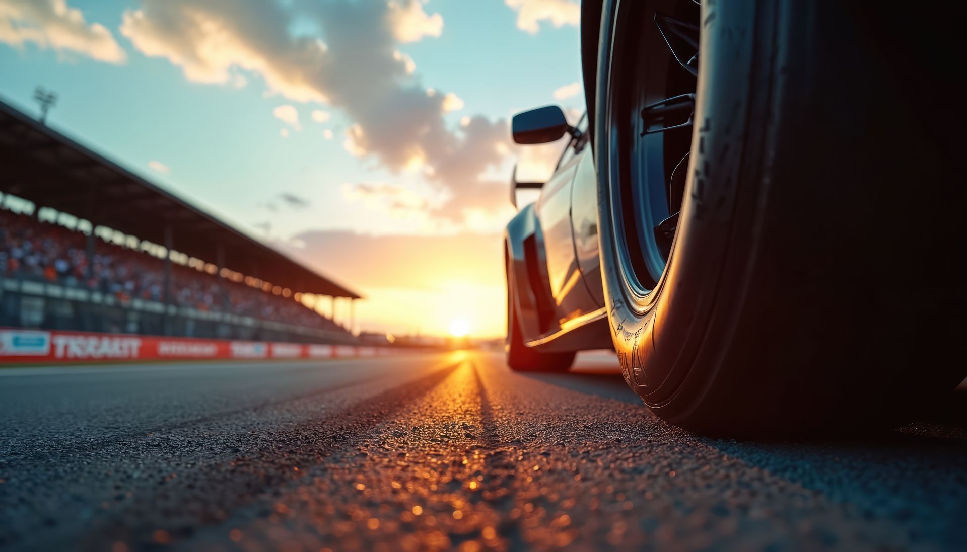 Race car on track at sunset, with stadium in background.