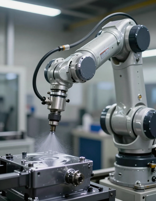 Braccio robotico industriale che spruzza refrigerante su un pezzo metallico in fabbrica