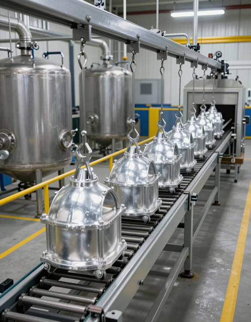 Linea di produzione industriale con serbatoi in acciaio inossidabile e recipienti metallici su nastri trasportatori in uno stabilimento industriale