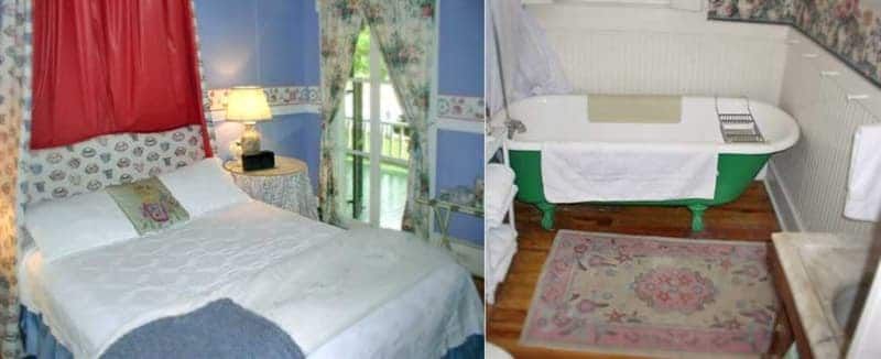 A bedroom with a bed and a bathroom with a bathtub
