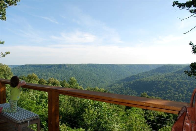 A person sitting on a balcony overlooking a forest