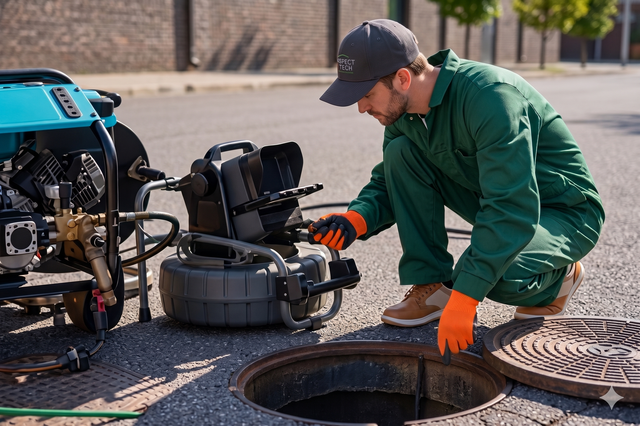 Worker in green coveralls and orange gloves servicing a manhole beside a blue utility machine.