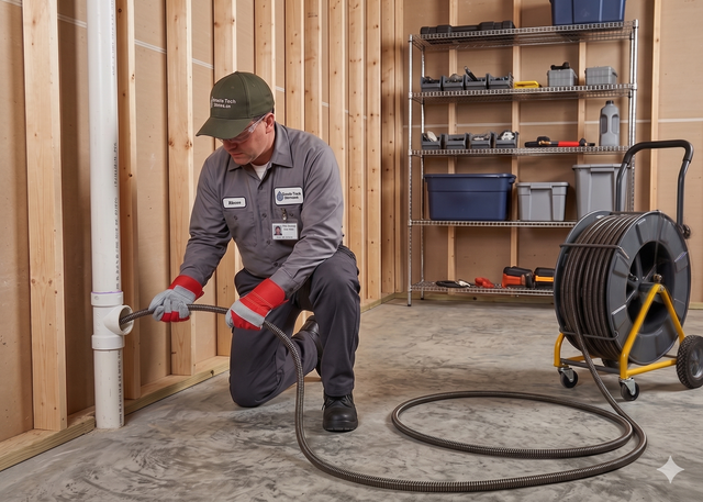 Worker kneels using a power tool on a concrete floor in an unfinished room with exposed studs and a large fan.