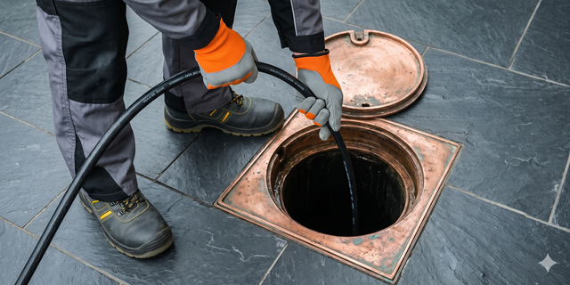 Worker inspecting an open manhole with a cable on a tiled street; bronze cover beside it.