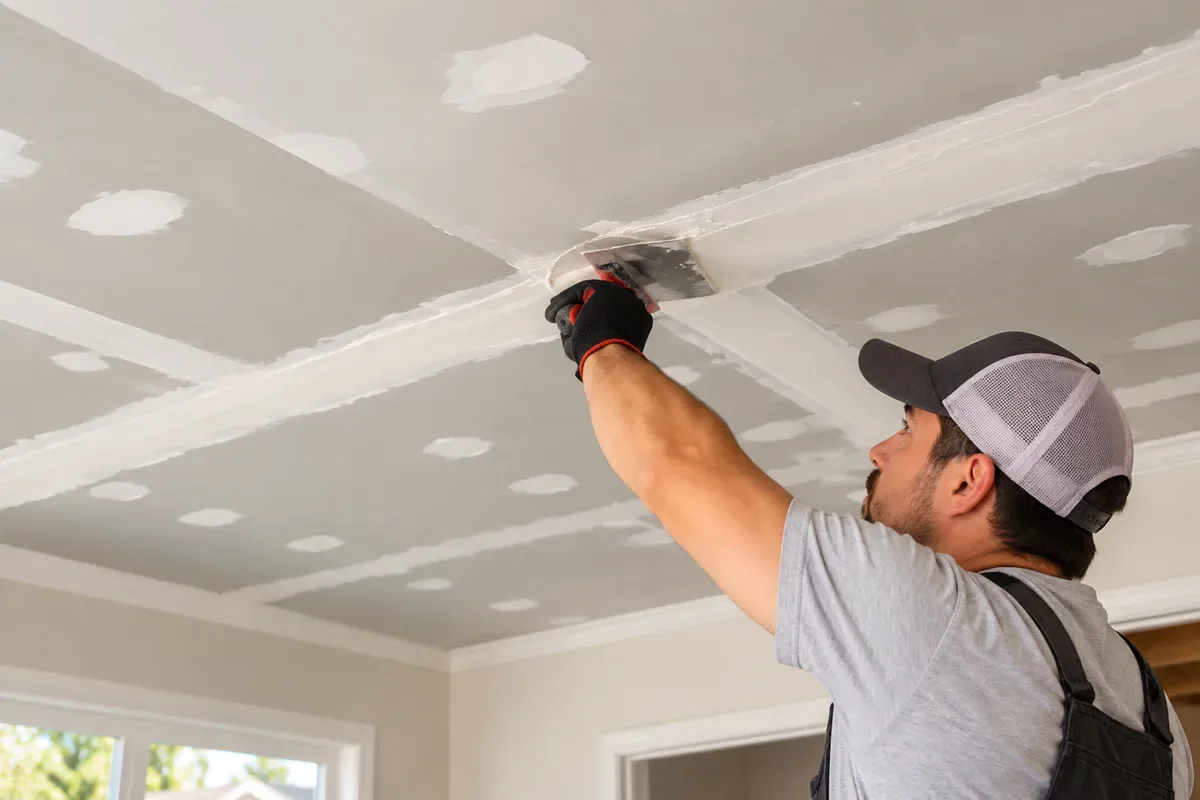Handyman applying joint compound to a ceiling in Bakersfield, CA.