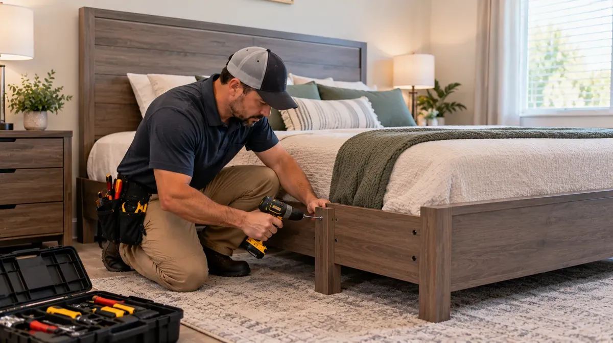 Handyman assembling a wooden bed frame in a Delano, CA bedroom.
