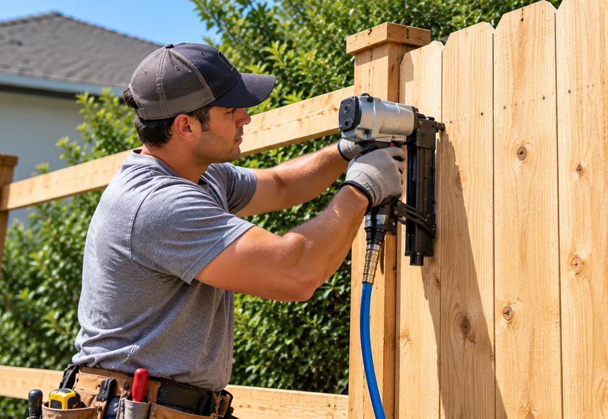 Handyman securing cedar fence boards with a pneumatic nail gun in Delano, CA.