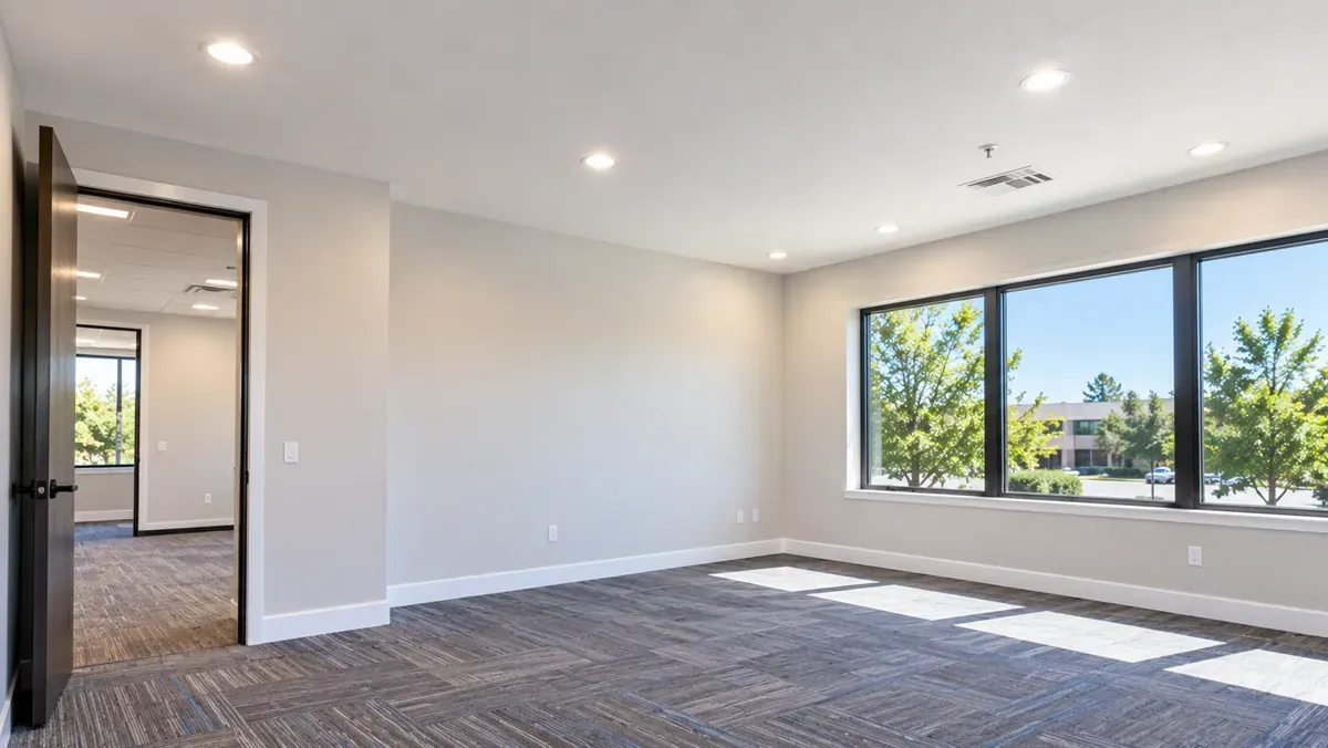 Repaired drywall walls and smooth ceiling in a Delano, CA office.