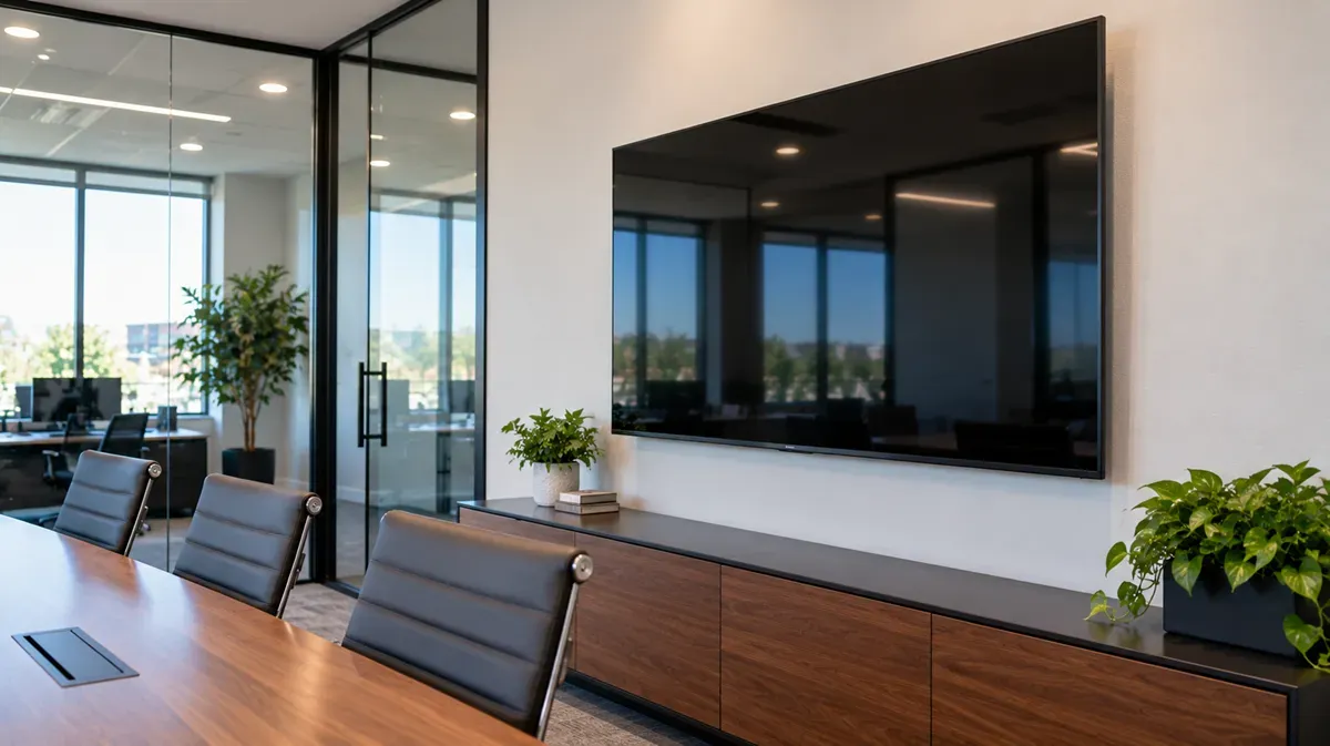 Wall-mounted flat-screen TV in a modern Delano, CA conference room.