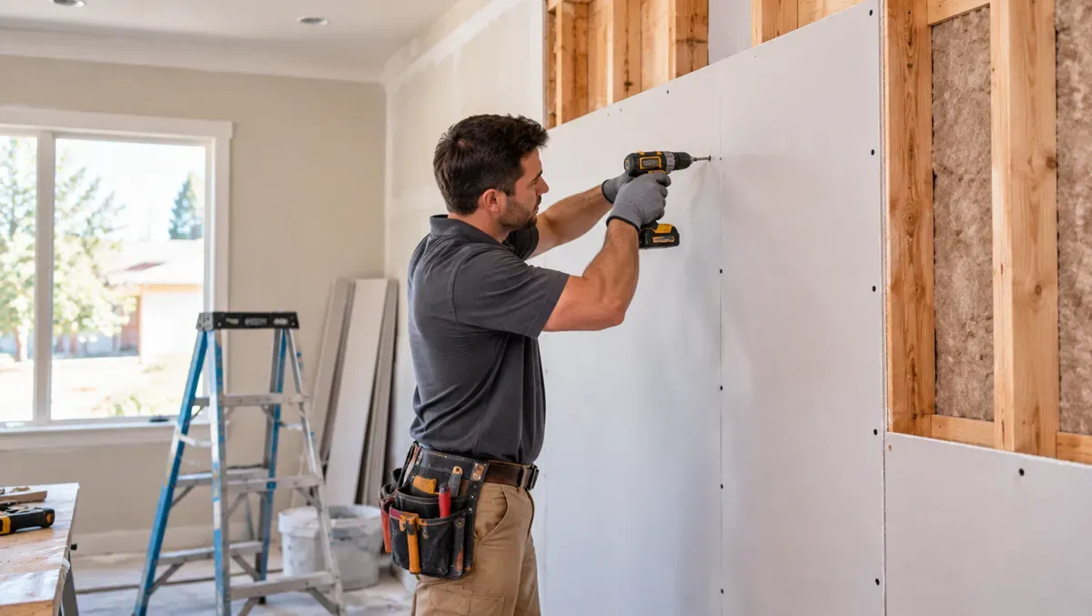 Handyman securing a drywall panel to wall framing in Delano, CA.