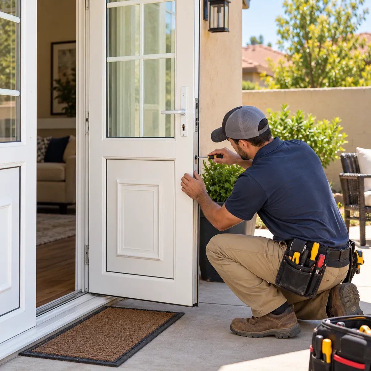 Handyman adjusting an exterior door latch in Delano, CA.
