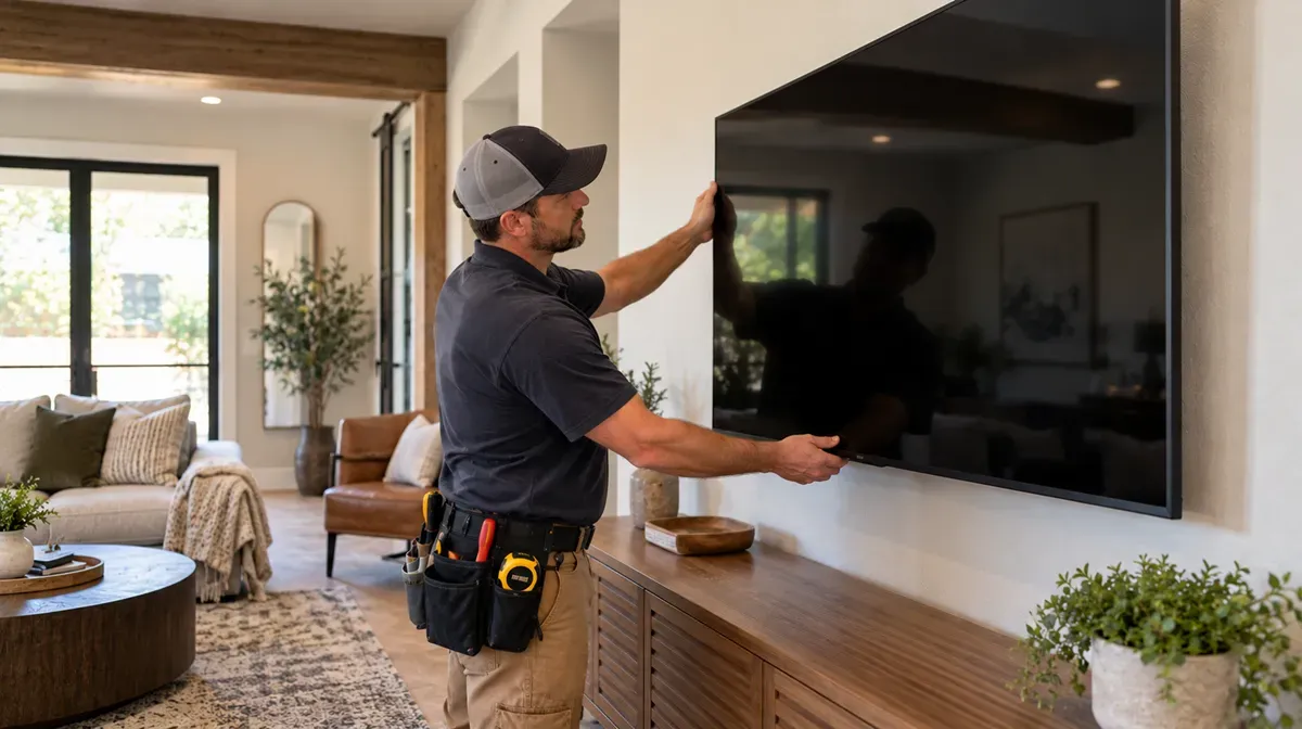 Handyman positioning a flat-screen TV above a wooden console in a modern farmhouse living room in Delano, CA.