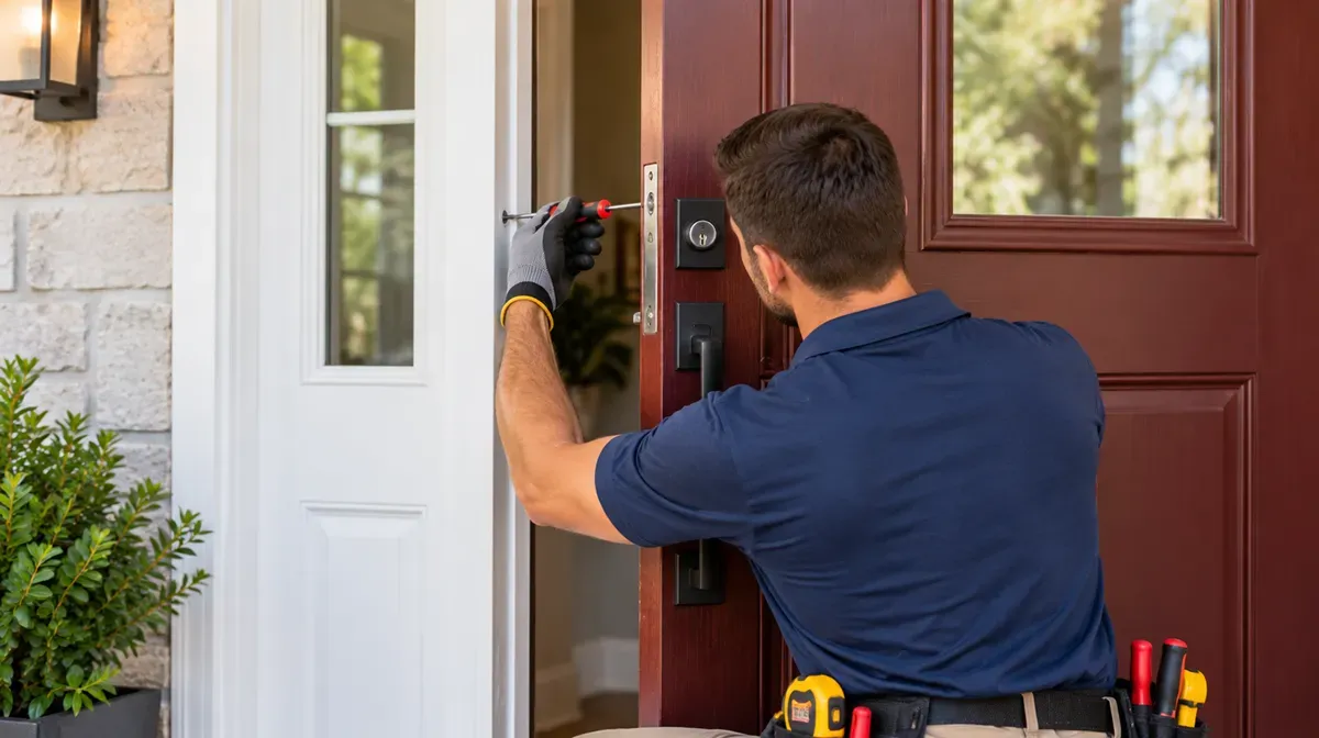 Handyman adjusting front door lock hardware on a red wooden entry door in Delano, CA.
