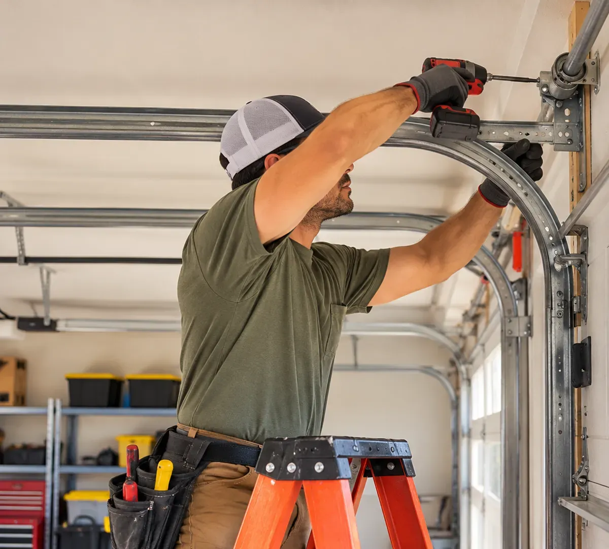 Technician securing a garage door track bracket in Delano, CA.
