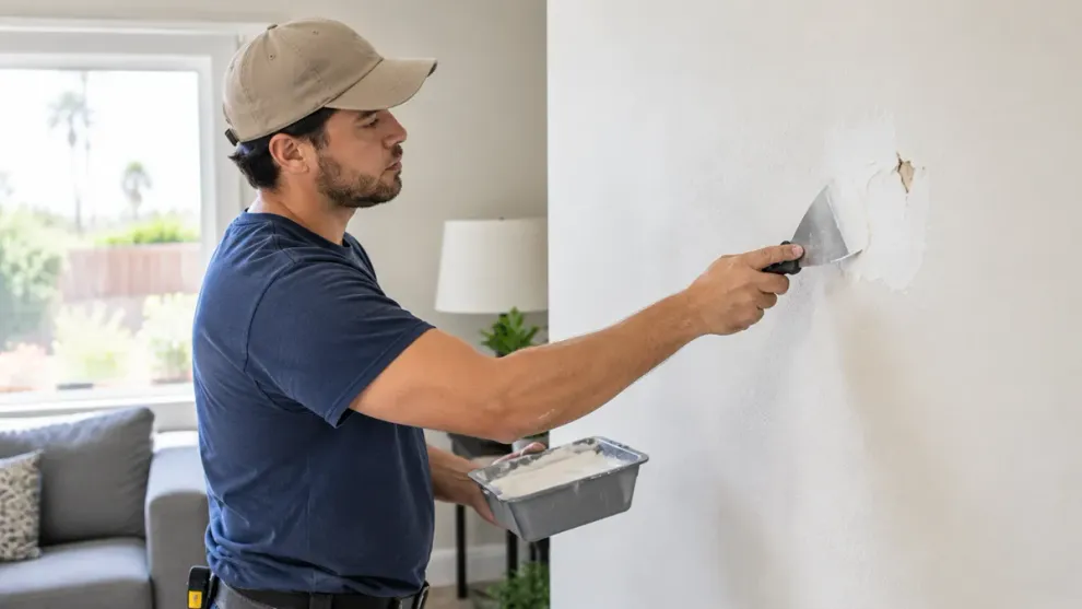 Handyman patching a damaged interior wall in Delano, CA