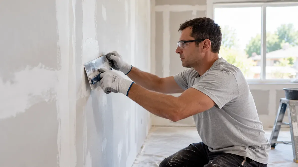 Handyman smoothing drywall compound during a repair in Delano, CA