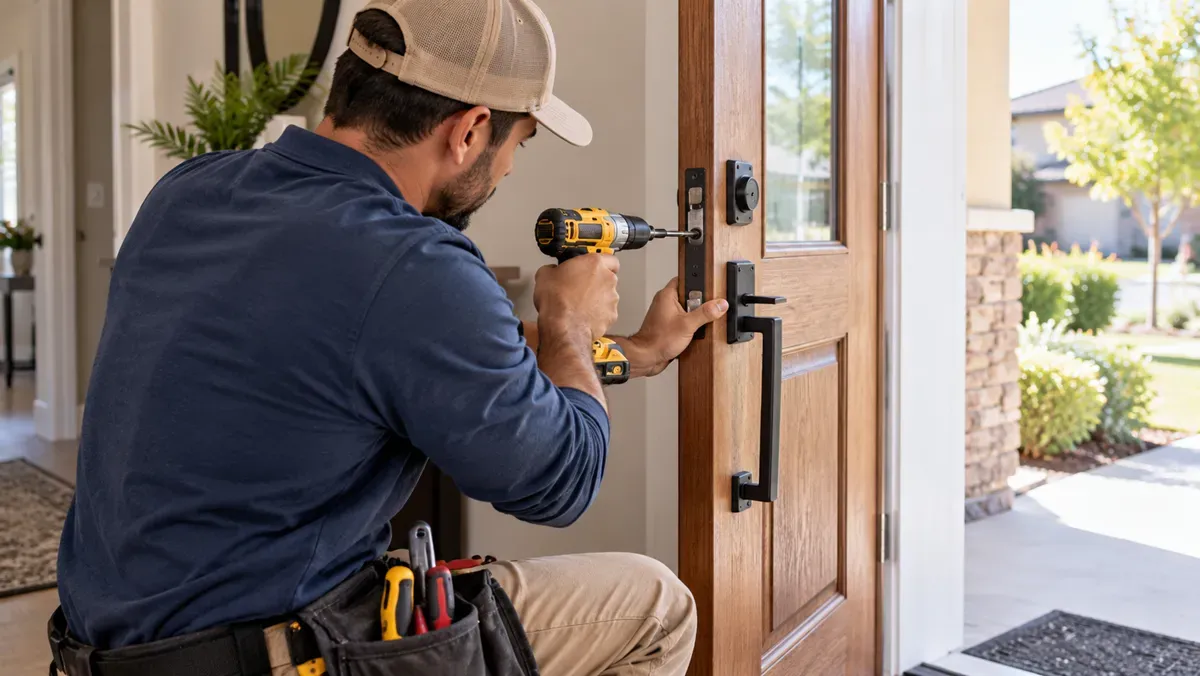 Handyman repairing a wooden front door lock in Delano, CA
