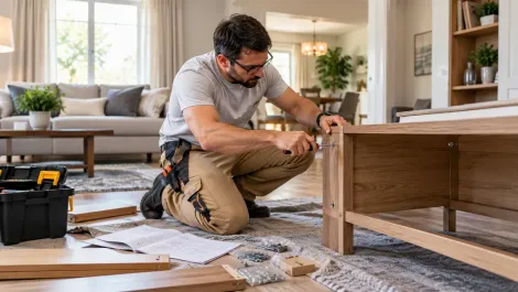 Handyman assembling a wooden cabinet in a Delano, CA home