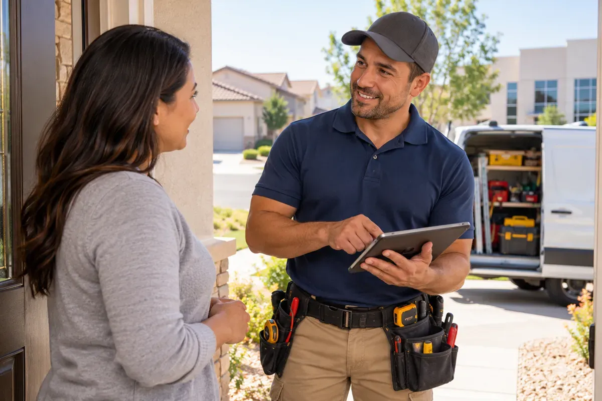 Handyman discussing a repair request with a Delano homeowner.