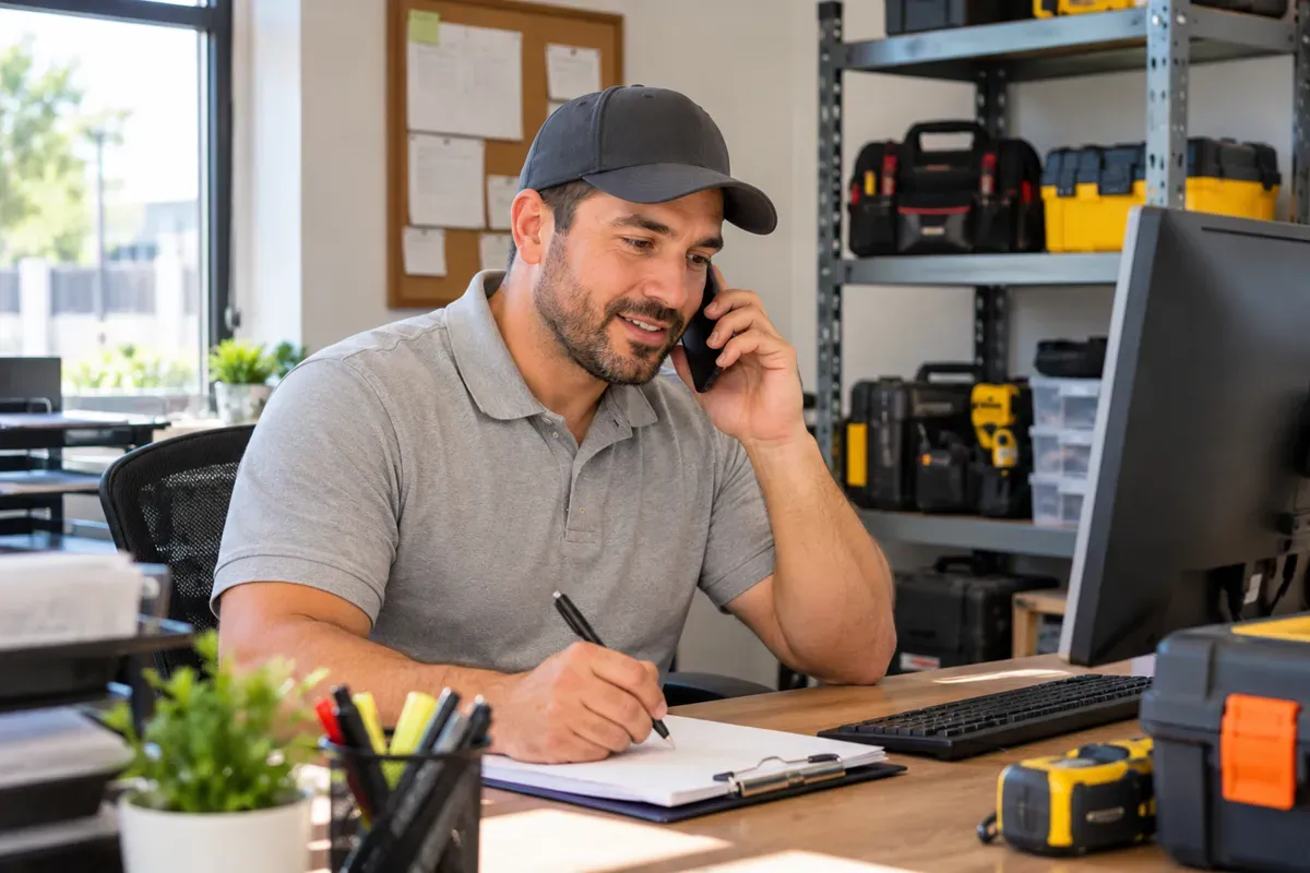 Handyman taking a customer service call and recording repair details in Delano, CA.