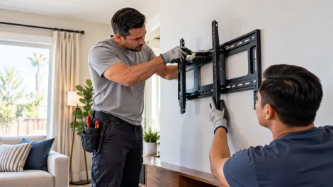 Handyman securing a TV wall mount in a Delano, CA home